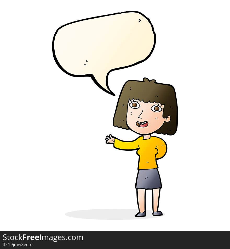 cartoon friendly woman waving with speech bubble