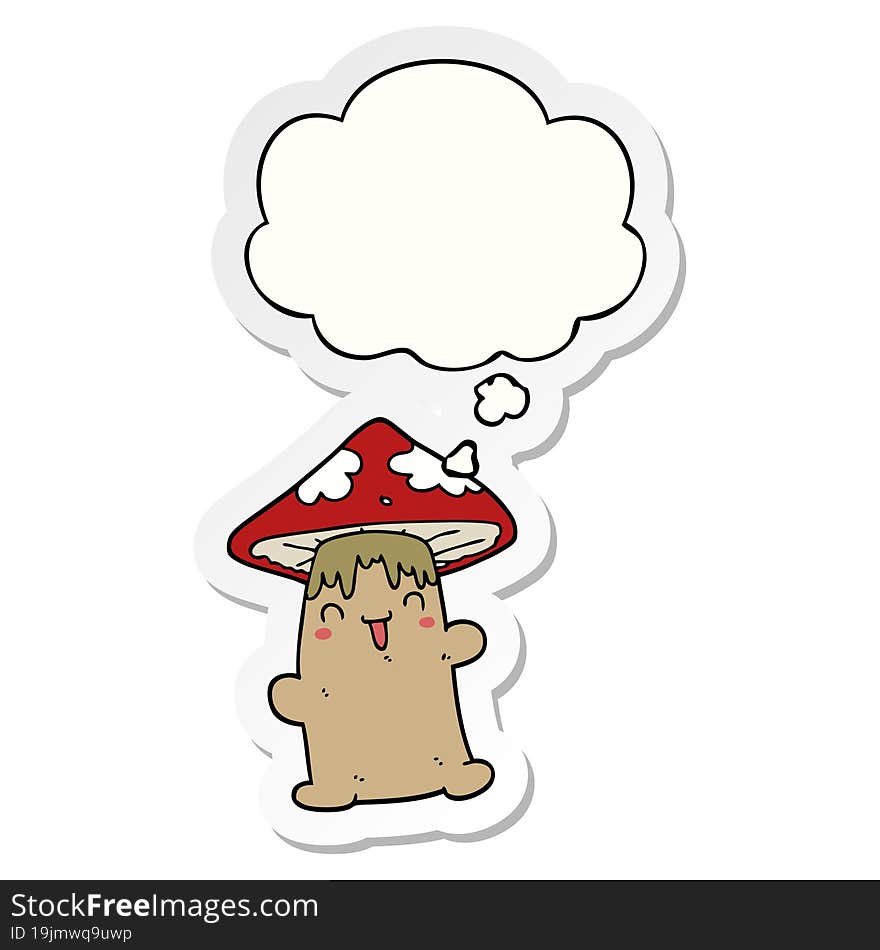 cartoon mushroom character with thought bubble as a printed sticker