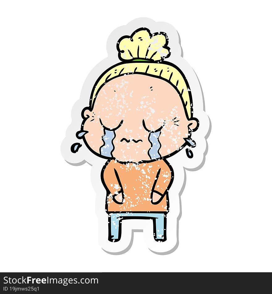 distressed sticker of a cartoon crying old lady