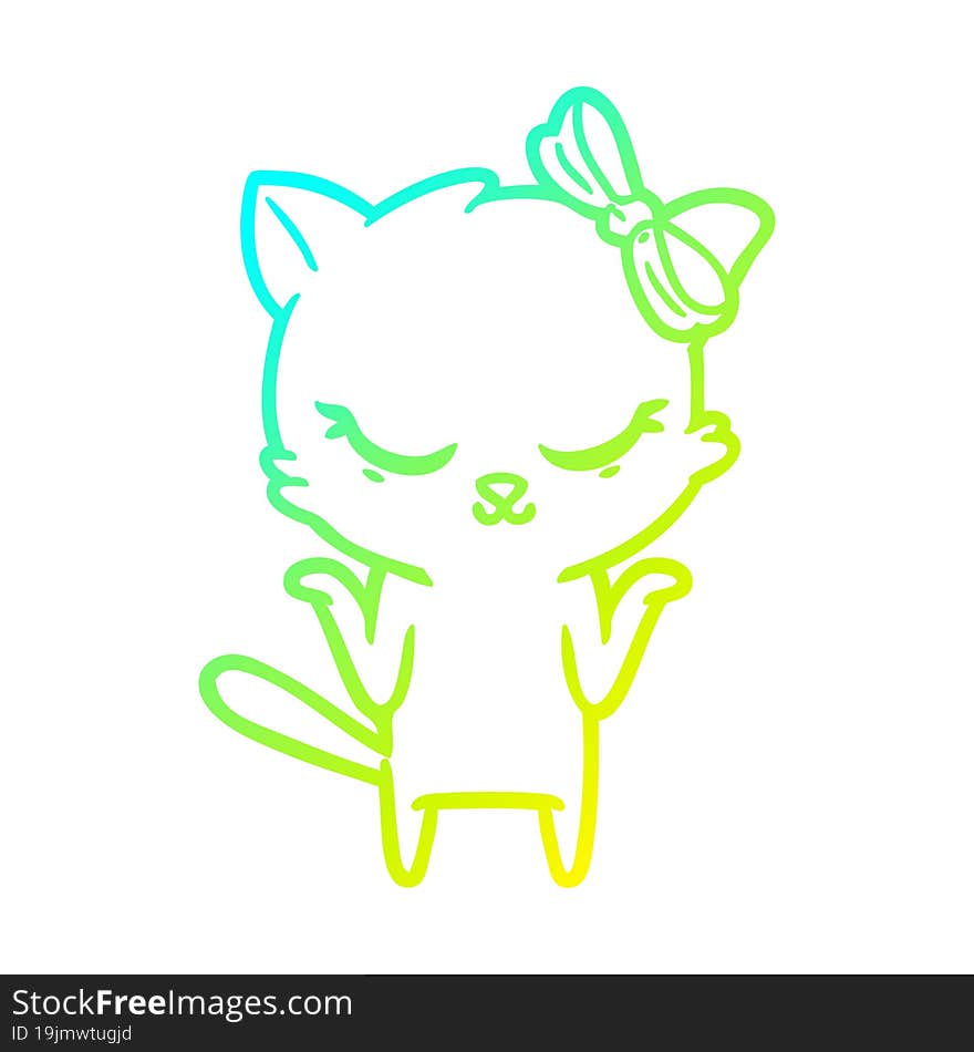 cold gradient line drawing cute cartoon cat with bow