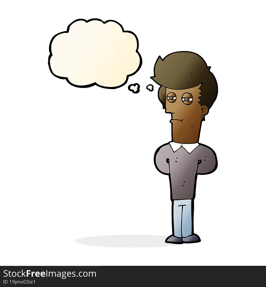 cartoon jaded man with thought bubble