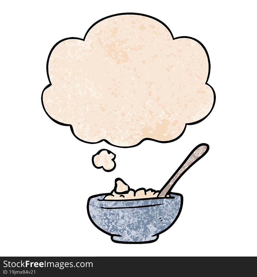 cartoon bowl of rice and thought bubble in grunge texture pattern style