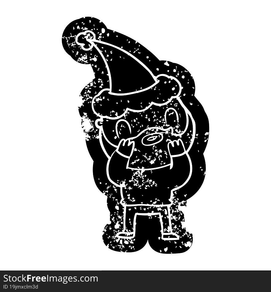 quirky cartoon distressed icon of a bearded man wearing santa hat