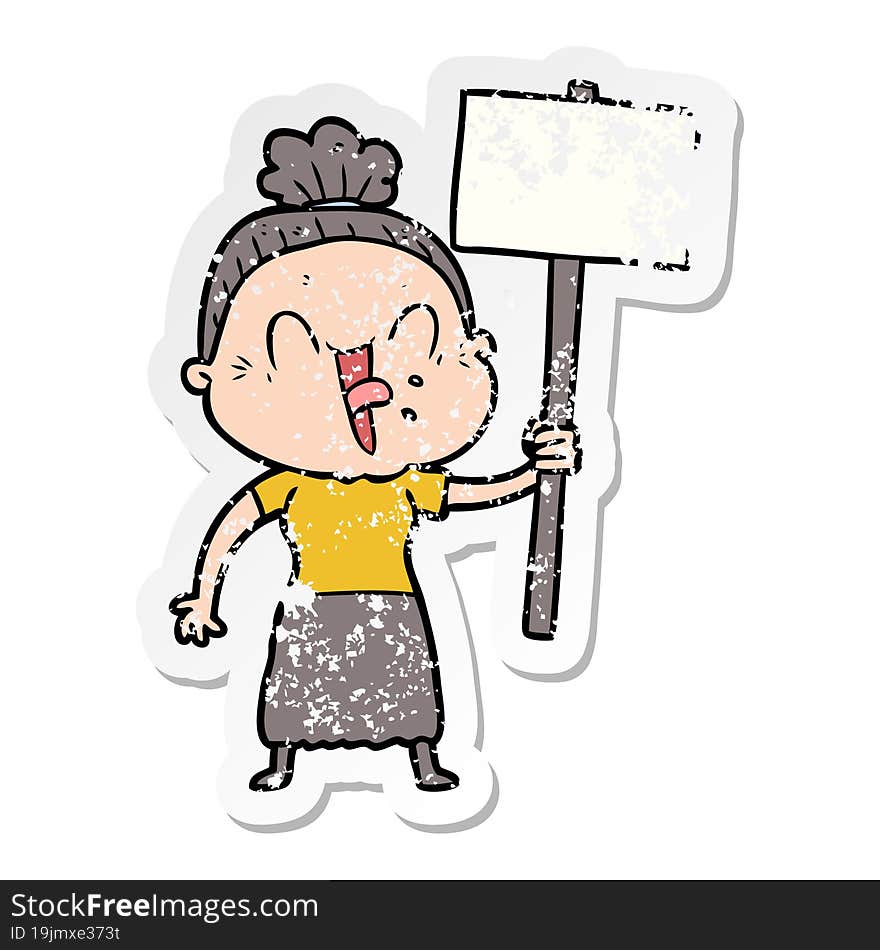 distressed sticker of a cartoon happy old woman