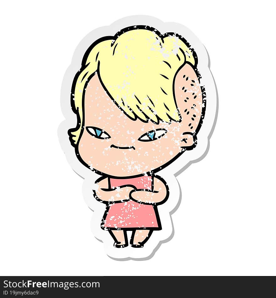 distressed sticker of a cute cartoon girl with hipster haircut