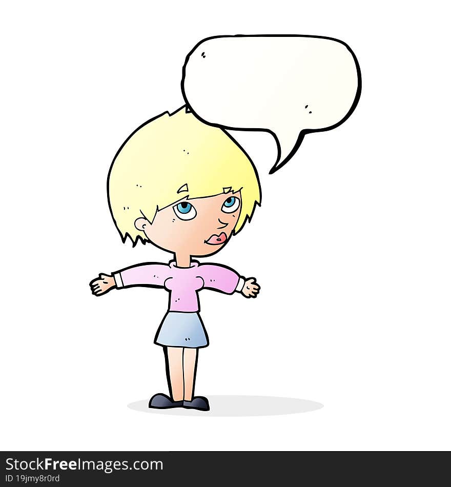 cartoon woman with open arms with speech bubble