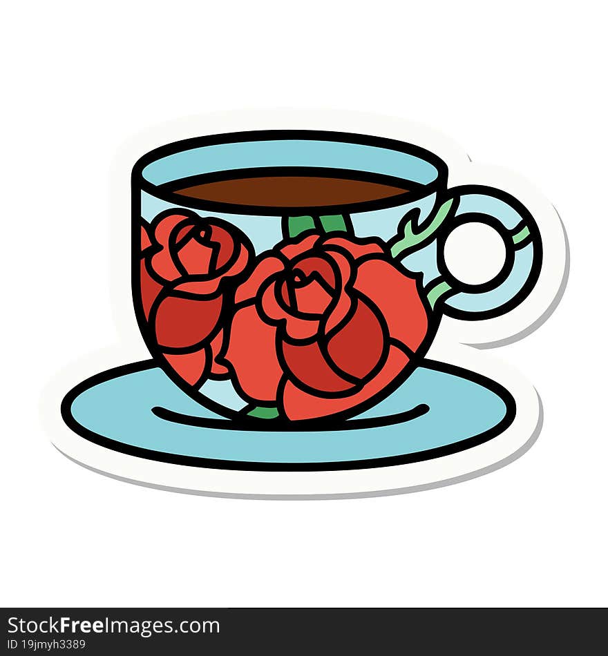 tattoo style sticker of a cup and flowers