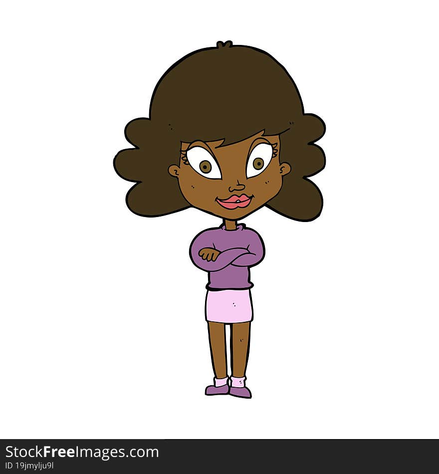 Cartoon Happy Woman With Folded Arms