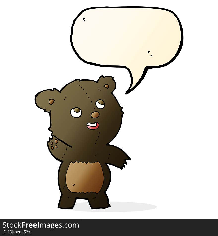 cartoon cute waving black bear teddy with speech bubble