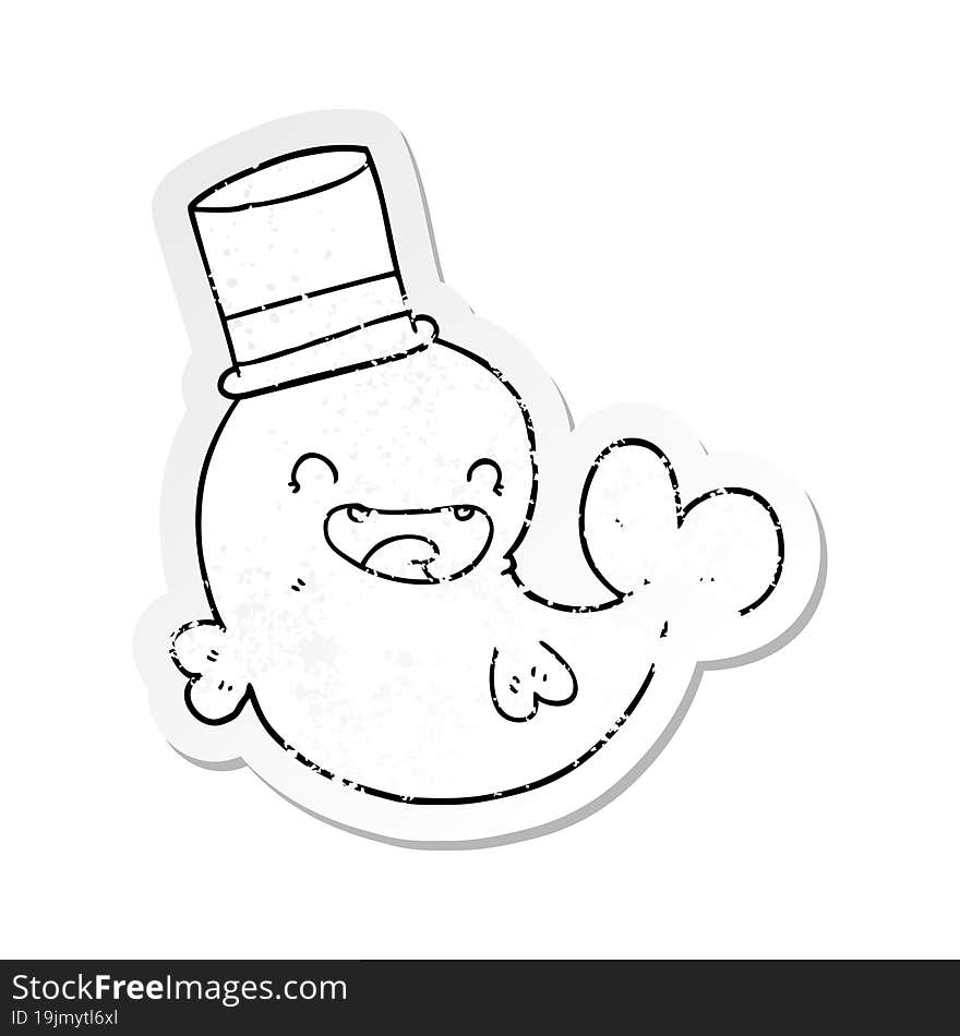 distressed sticker of a cartoon laughing whale with top hat