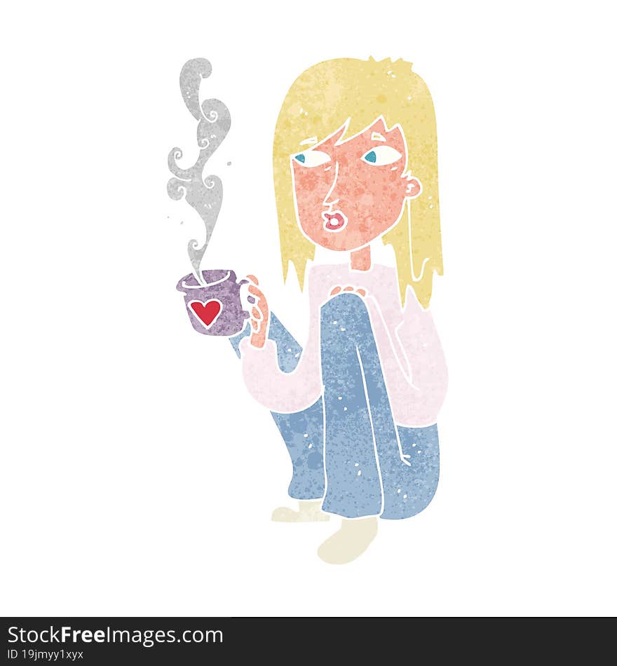 cartoon woman with nice cup of hot coffee. cartoon woman with nice cup of hot coffee