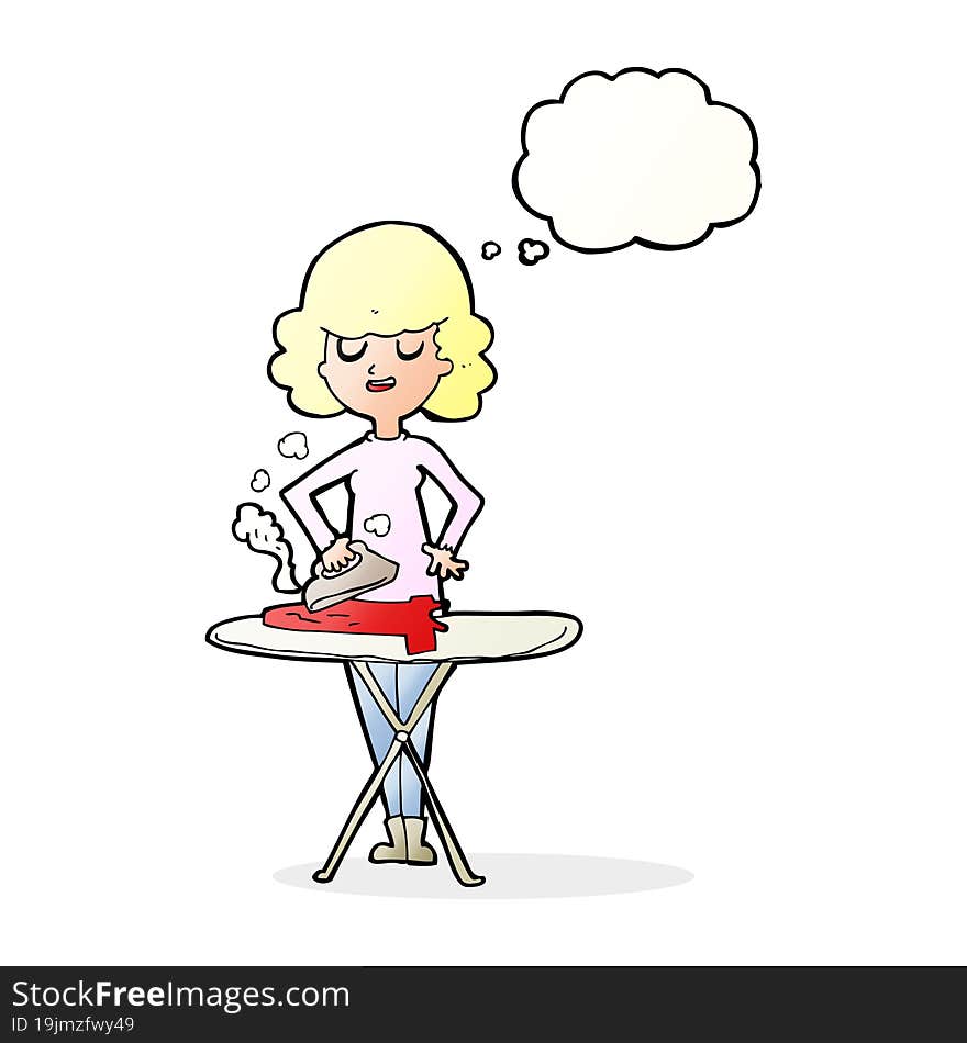 cartoon woman ironing with thought bubble