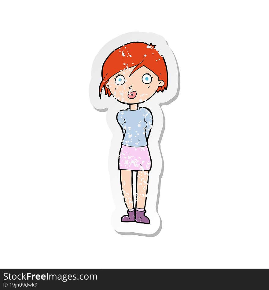 retro distressed sticker of a cartoon surprised girl