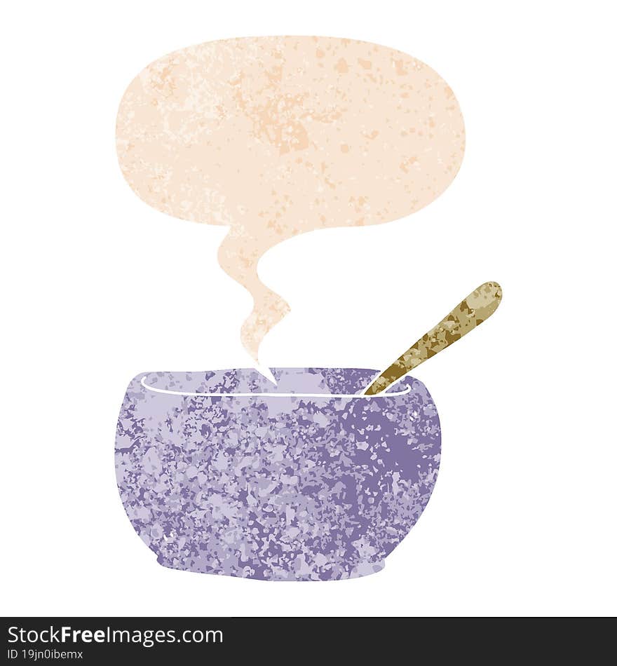 cartoon soup bowl and speech bubble in retro textured style