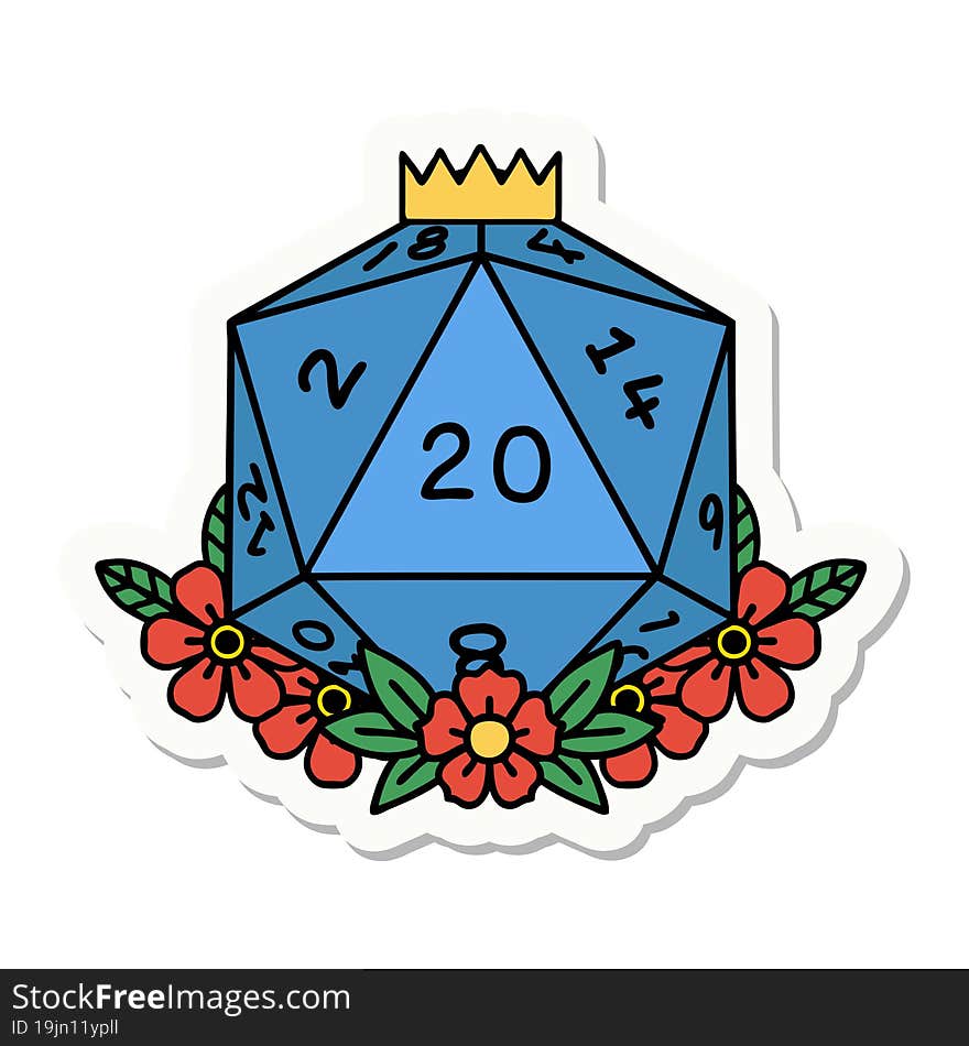 natural 20 D20 dice roll with floral elements sticker