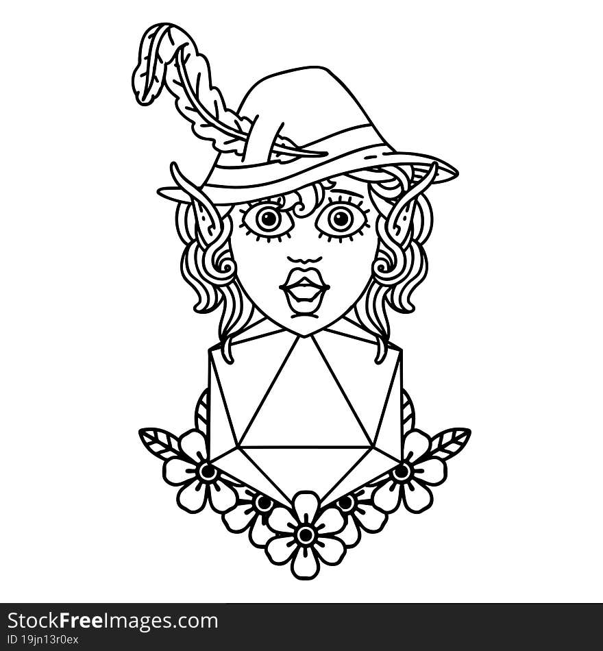 Black and White Tattoo linework Style elf bard character with natural twenty dice roll. Black and White Tattoo linework Style elf bard character with natural twenty dice roll