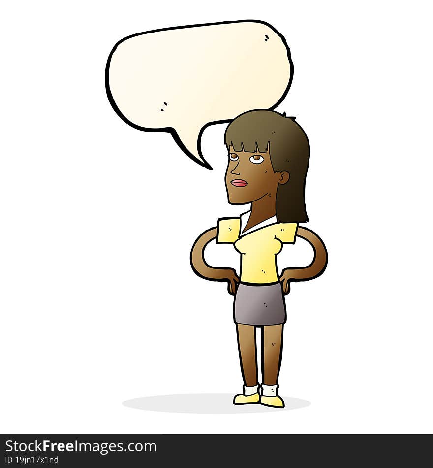 cartoon woman with hands on hips with speech bubble