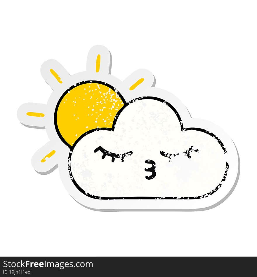 distressed sticker of a cute cartoon sunshine and cloud