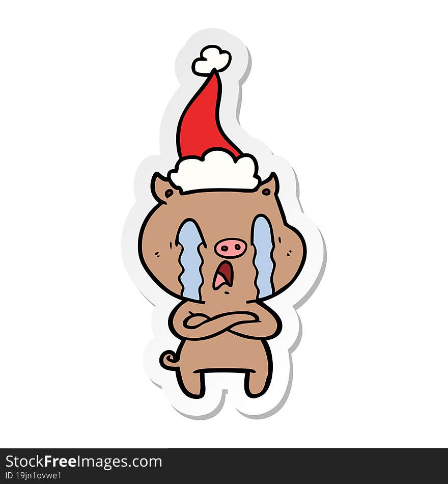 crying pig sticker cartoon of a wearing santa hat