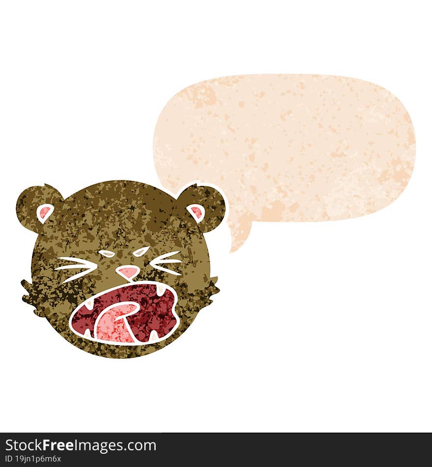 cute cartoon teddy bear face and speech bubble in retro textured style