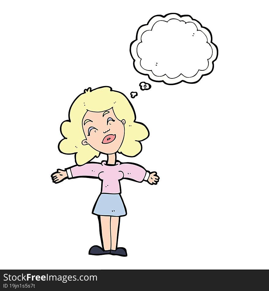 cartoon woman with open arms with thought bubble