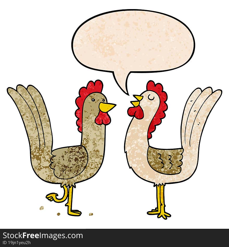 cartoon chickens and speech bubble in retro texture style