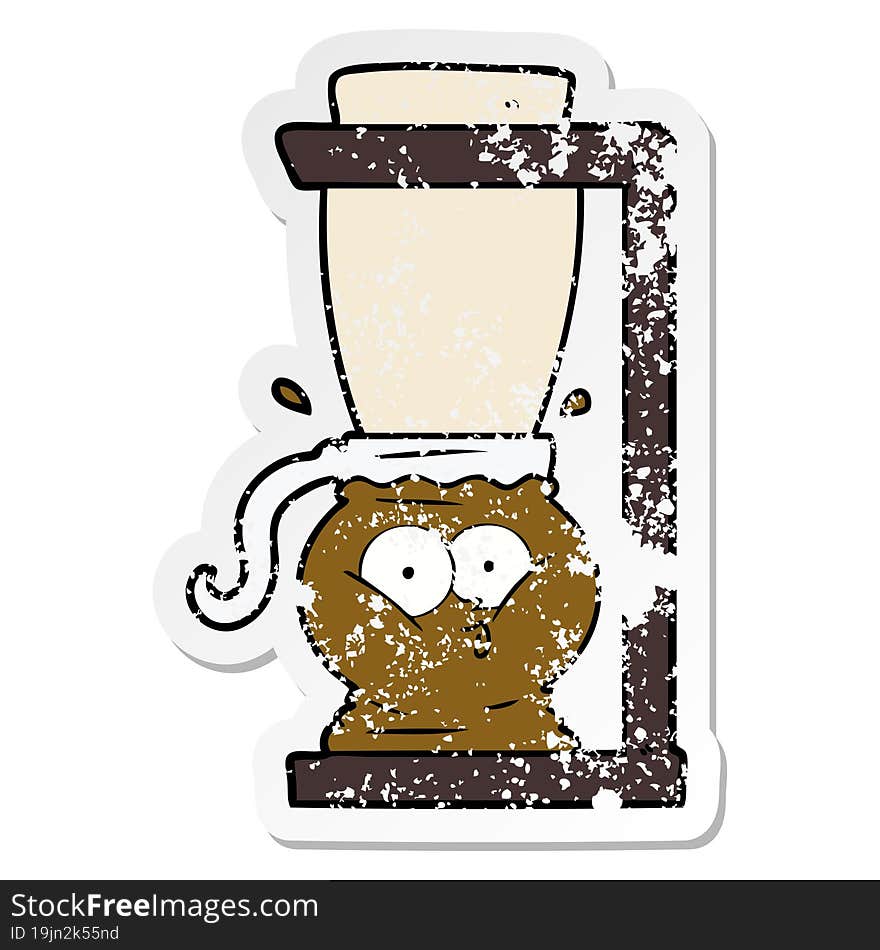 distressed sticker of a cartoon filter coffee machine