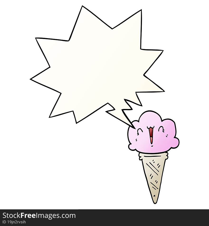 cartoon ice cream with face with speech bubble in smooth gradient style. cartoon ice cream with face with speech bubble in smooth gradient style