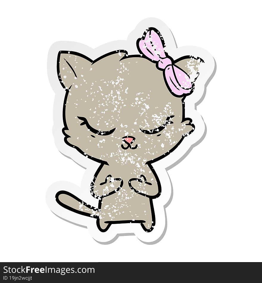 Distressed Sticker Of A Cute Cartoon Cat With Bow