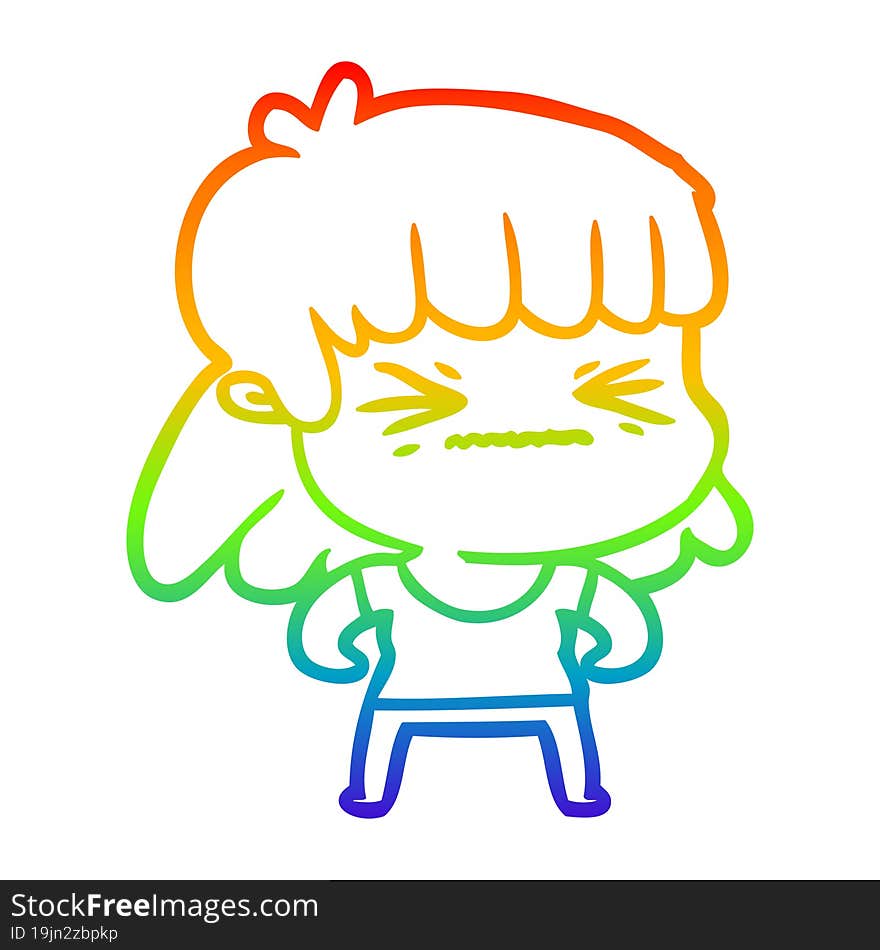 rainbow gradient line drawing of a cartoon angry girl