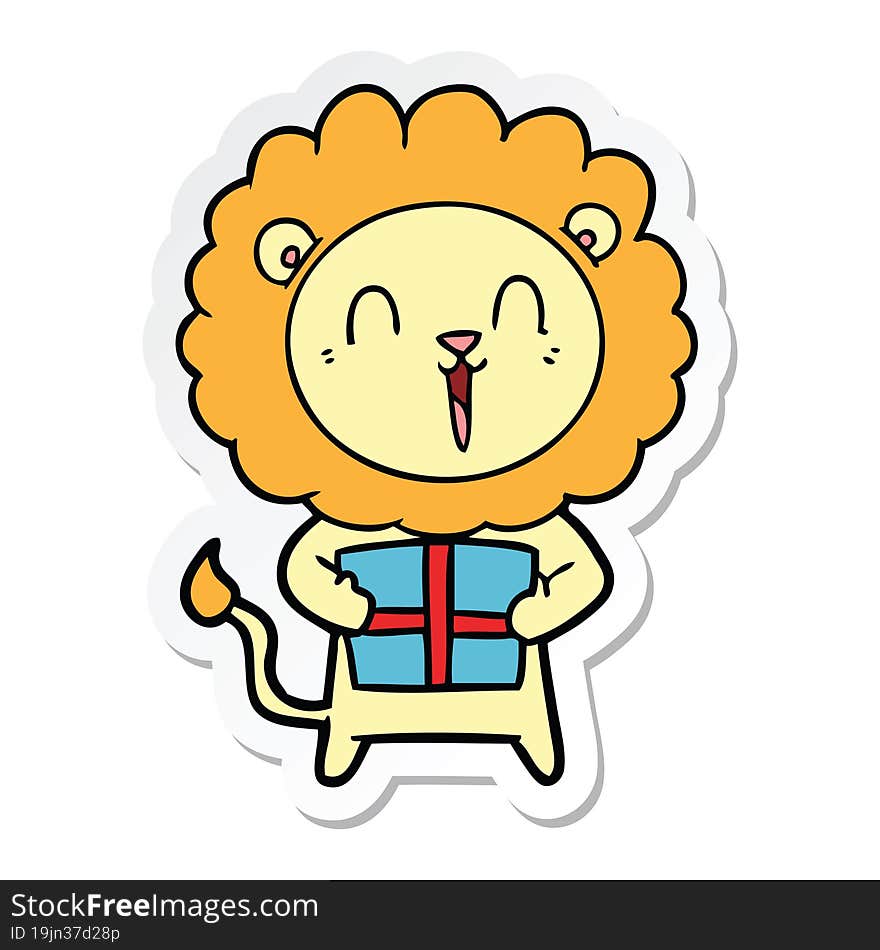 sticker of a laughing lion cartoon with christmas present