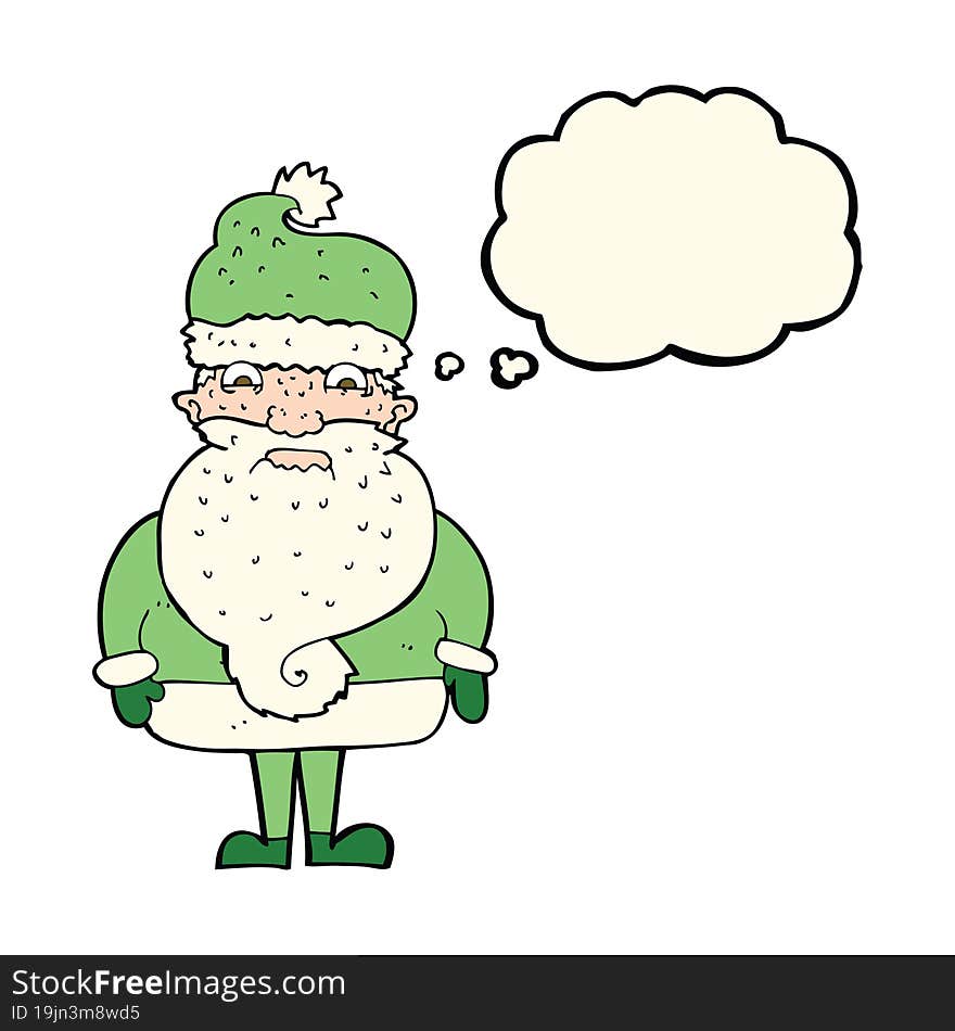 cartoon grumpy santa claus with thought bubble