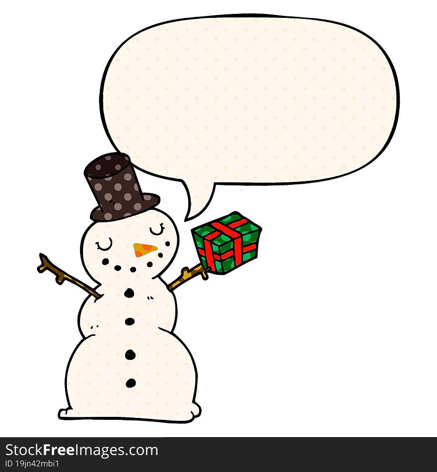 cartoon snowman and speech bubble in comic book style