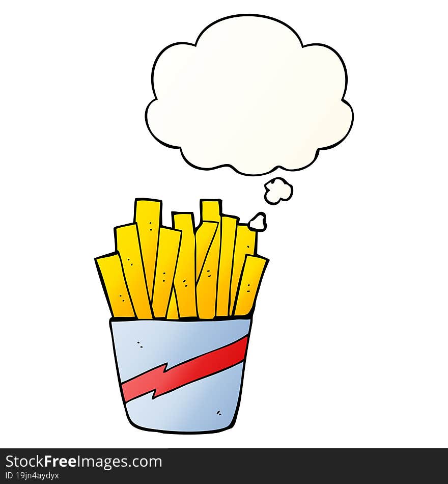 cartoon box of fries and thought bubble in smooth gradient style