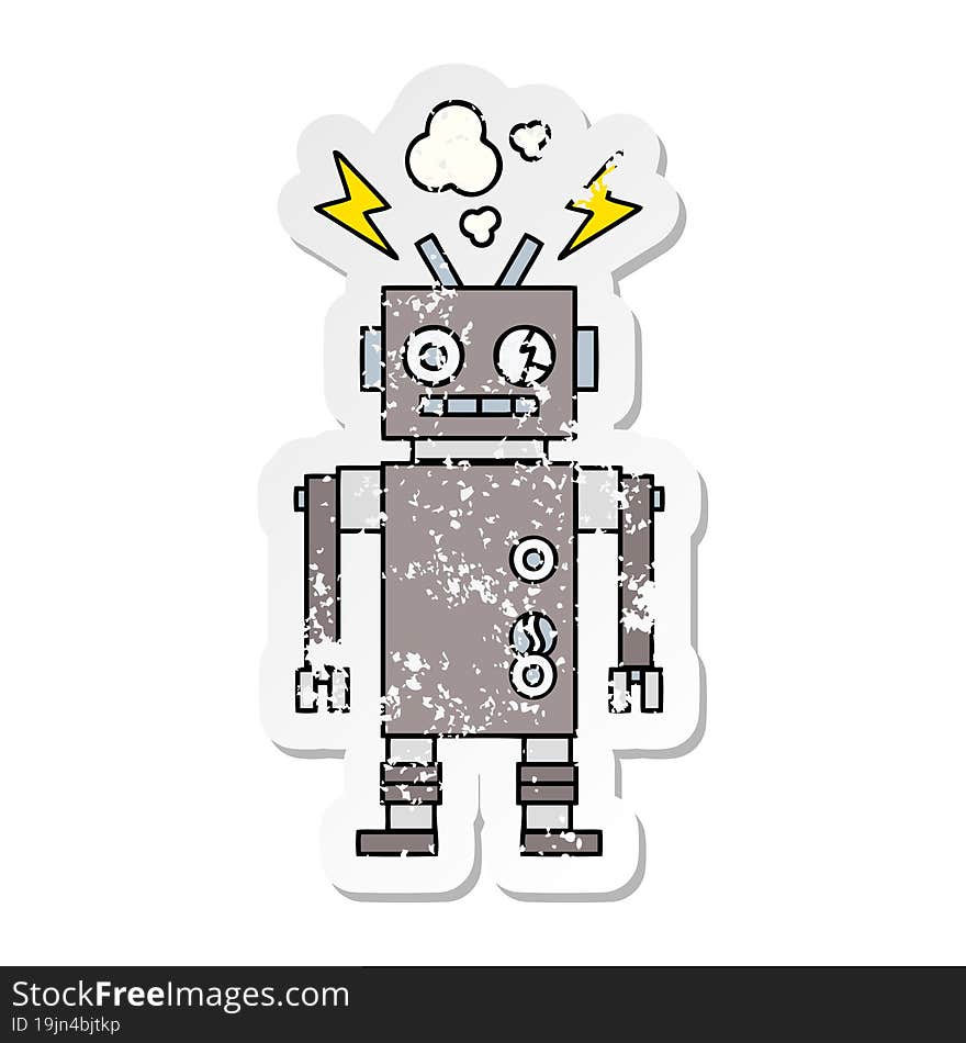 Distressed Sticker Of A Cute Cartoon Malfunctioning Robot