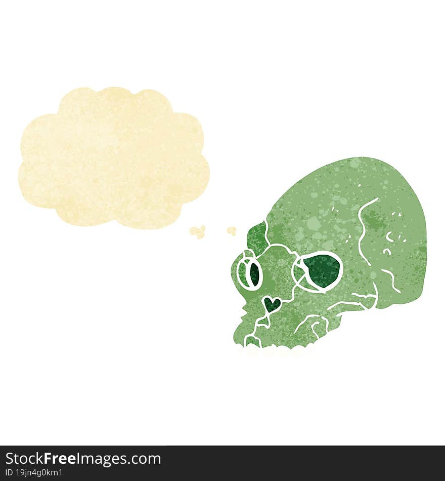 cartoon spooky skull with thought bubble