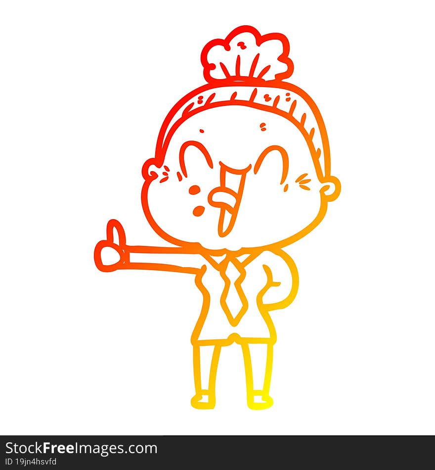 warm gradient line drawing of a cartoon happy old woman