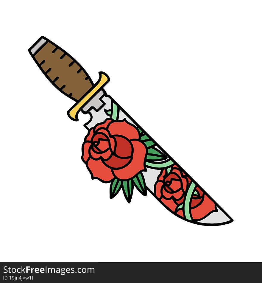 traditional tattoo of a dagger and flowers