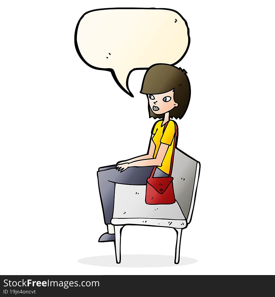 cartoon woman sitting on bench with speech bubble