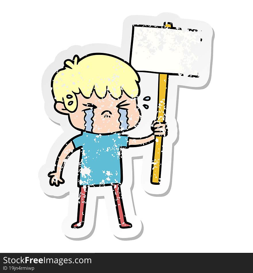 Distressed Sticker Of A Cartoon Boy Crying