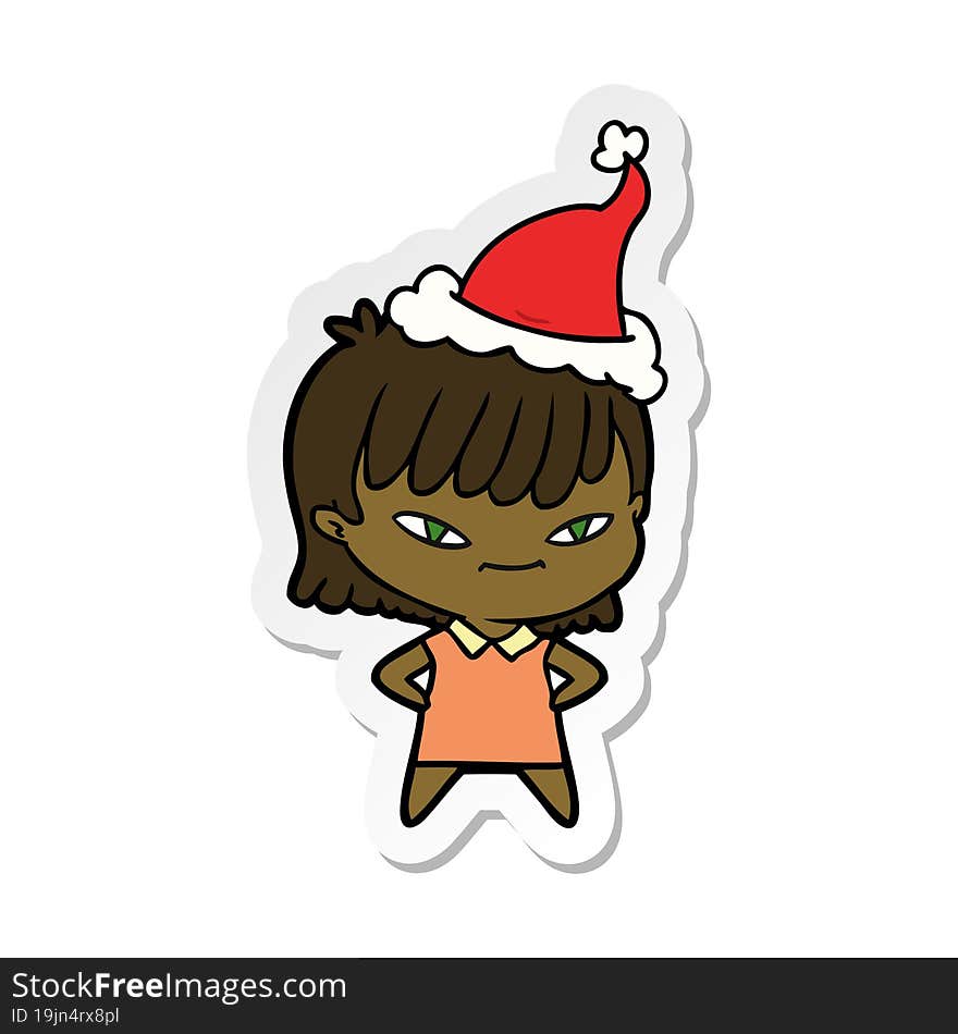 hand drawn sticker cartoon of a woman wearing santa hat