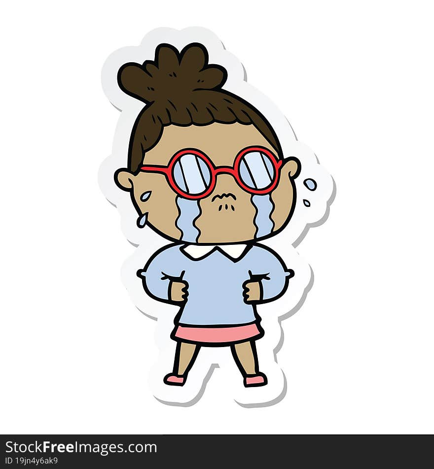 sticker of a cartoon crying woman wearing spectacles