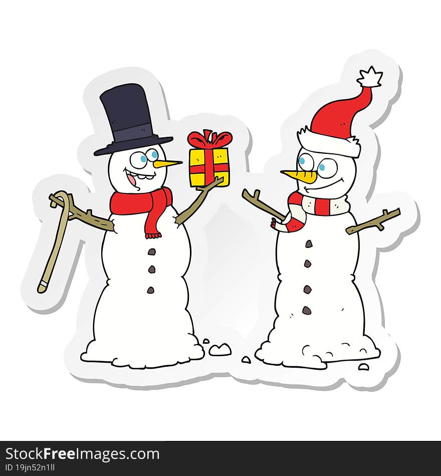 sticker of a cartoon snowmen exchanging gifts