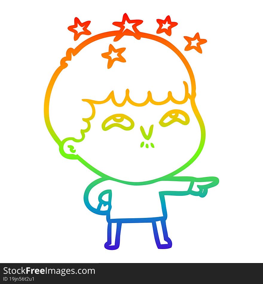 rainbow gradient line drawing of a cartoon amazed boy