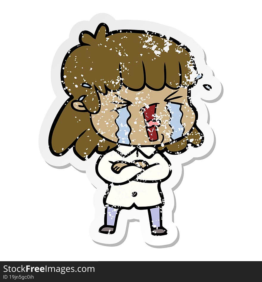 distressed sticker of a cartoon woman in tears