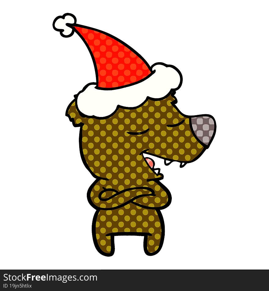 comic book style illustration of a bear wearing santa hat