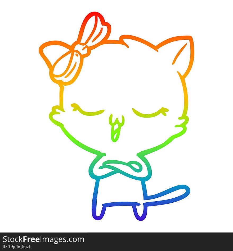 rainbow gradient line drawing of a cartoon cat with bow on head