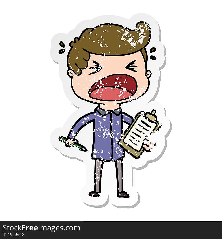 Distressed Sticker Of A Cartoon Shouting Salesman