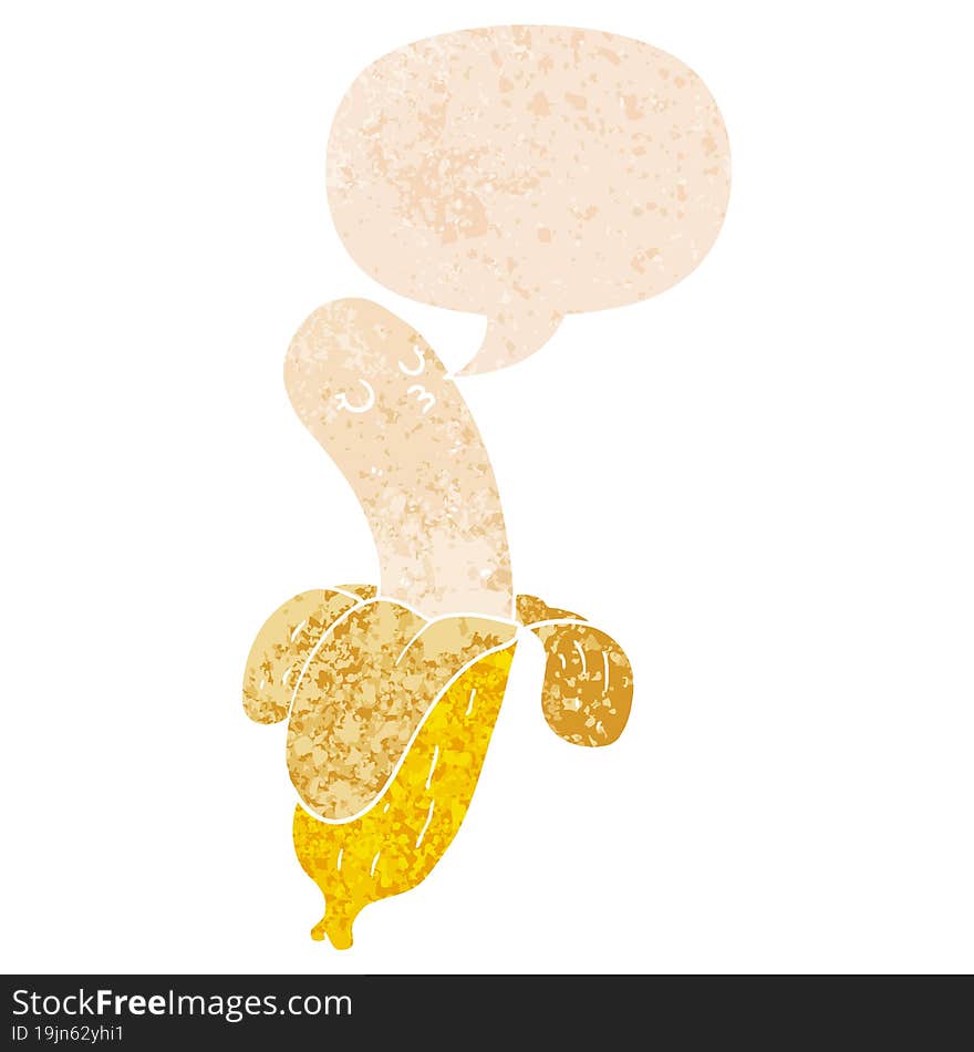 cartoon banana and speech bubble in retro textured style