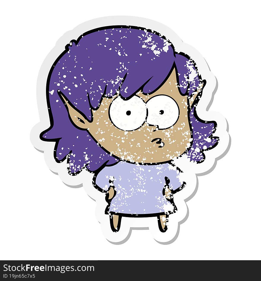 distressed sticker of a cartoon shocked elf girl